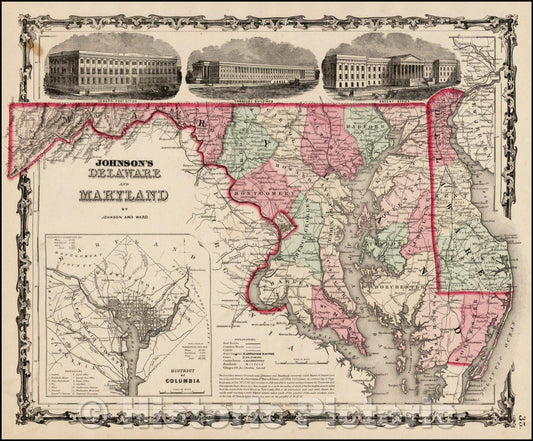 Historic Map - Johnson's Delaware and Maryland [Inset map of Washington DC], 1862, Benjamin Ward - Vintage Wall Art