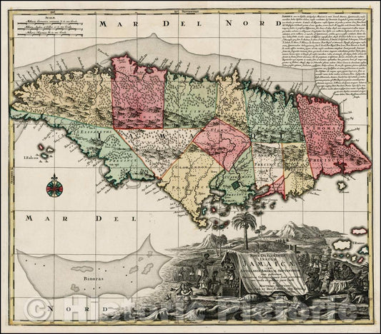 Historic Map - Nova Designatio Insulae Jamaicae ex Antillanis Americae Septentrion. non postremae Secundum Gubernationes, 1730, Matthaus Seutter v2