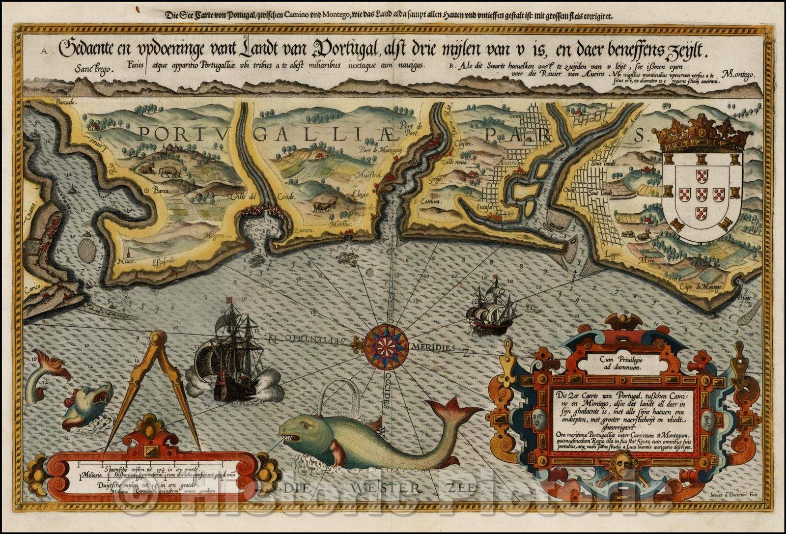 Historic Map - Die Zee Caerte van Portugal, tusschen Camino en Montego, alsoe dat landt all daer/Map of a portion of the Portugese Coastline, 1583 - Vintage Wall Art