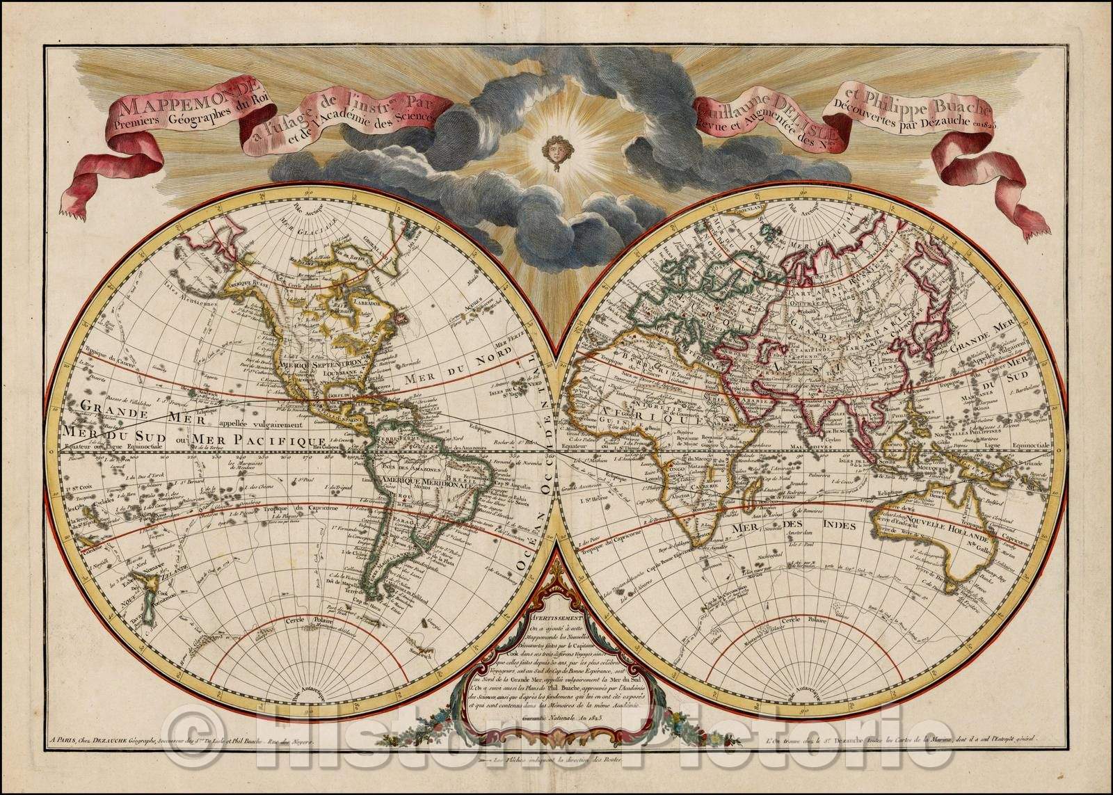 Historic Map - Mappemonde a l'usage du Roy Par Guillaume Delisle et Philippe Buache Premiers Geographes :: De L'Isle-Buache Double hemisphere of the world, 1825 - Vintage Wall Art