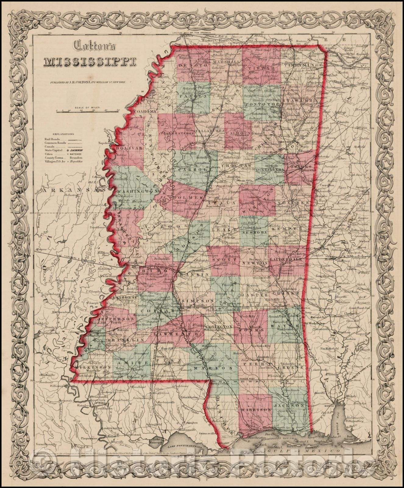 Historic Map - Colton's Mississippi, 1862, Joseph Hutchins Colton - Vintage Wall Art