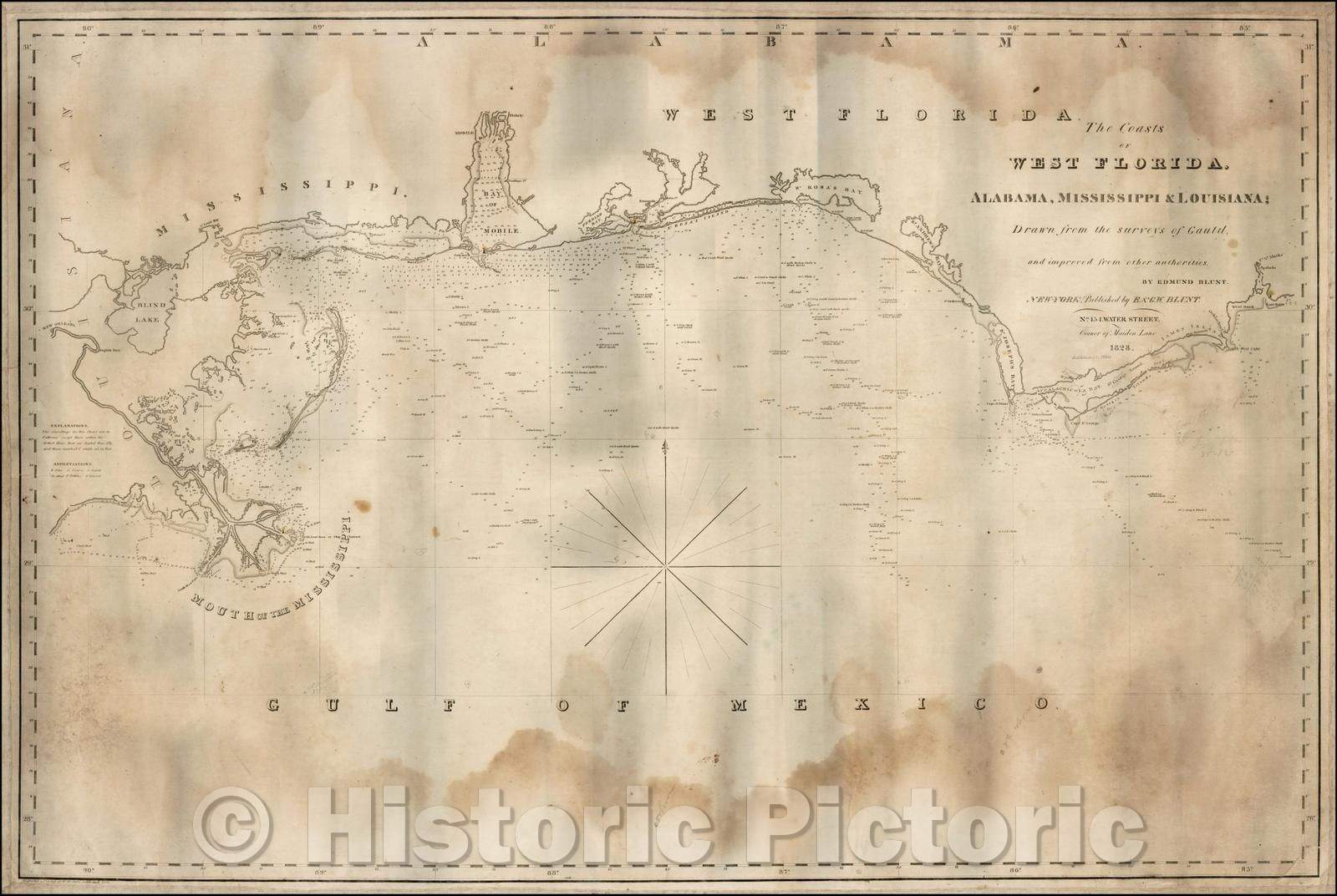 Historic Map - The Coasts of West Florida, Alabama, Mississippi & Louisiana, 1830, Edmund M. Blunt - Vintage Wall Art