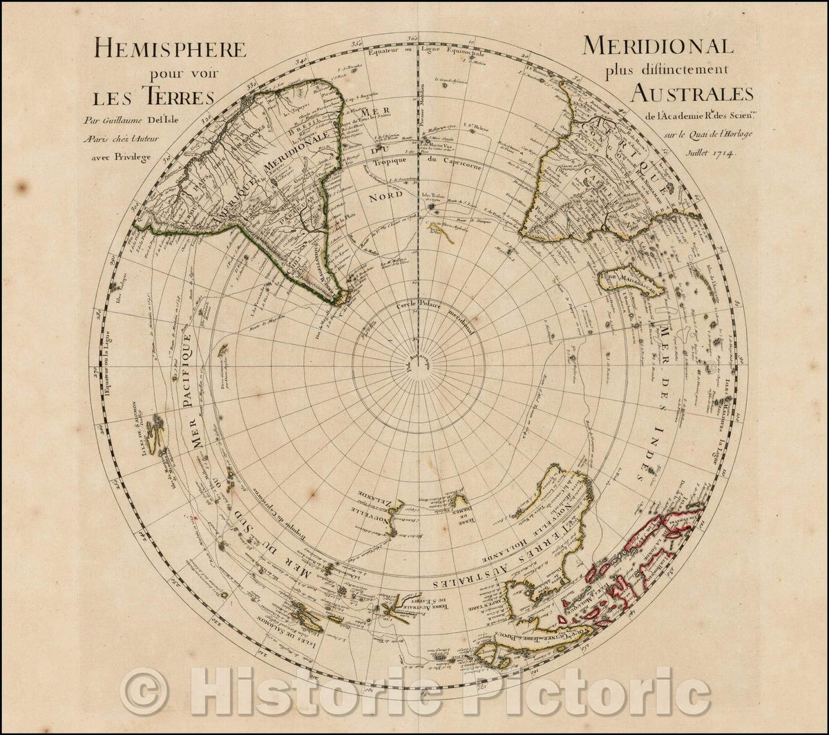 Historic Map - Hemisphere Meridional pour voir plus distinctement Les Terres Australes, 1714, Guillaume De L'Isle - Vintage Wall Art