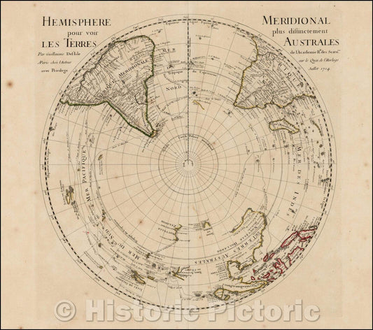 Historic Map - Hemisphere Meridional pour voir plus distinctement Les Terres Australes, 1714, Guillaume De L'Isle - Vintage Wall Art
