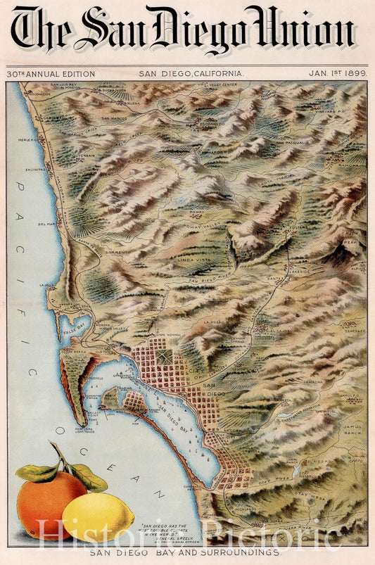 San Diego Bay - County Map, 1899 Historical Map Print