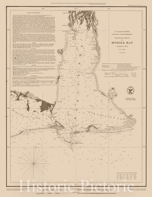 Historic Map - Preliminary Sketch of Mobile Bay, 1852, United States Coast Survey - Vintage Wall Art