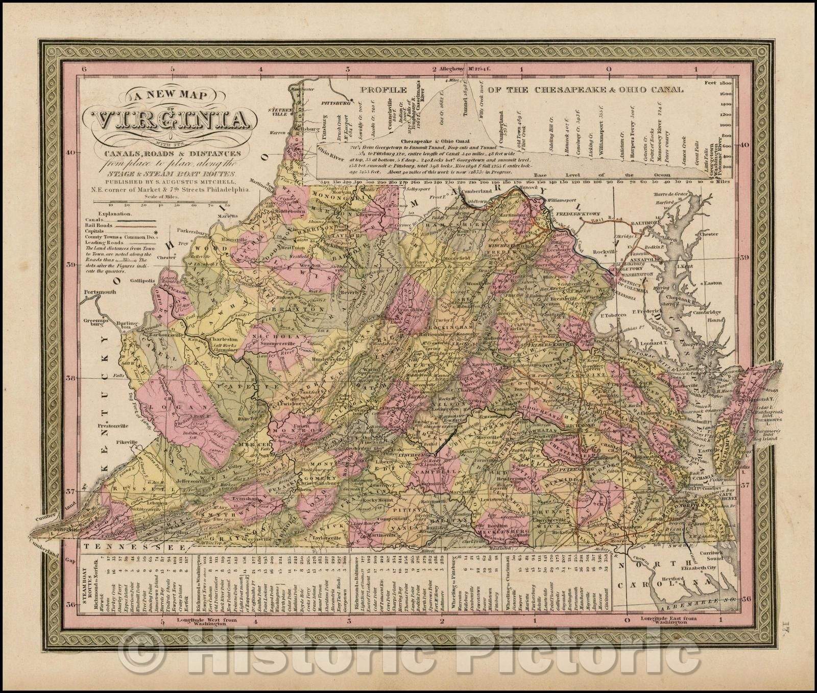 Historic Map - Virginia with its Canals, Roads & Distances from place to place, along the Stage and Steam Boat Routes, 1849, Samuel Augustus Mitchell - Vintage Wall Art