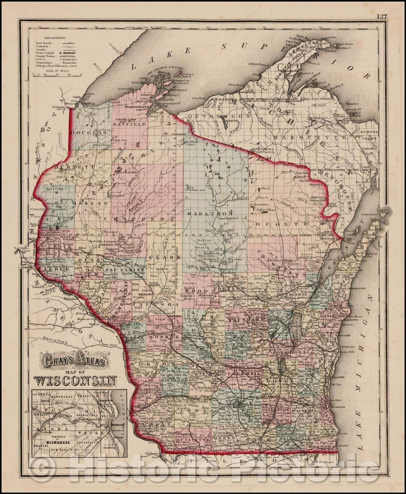 Historic Map - Gray's Atlas Map of Wisconsin, 1874, OW Gray - Vintage Wall Art