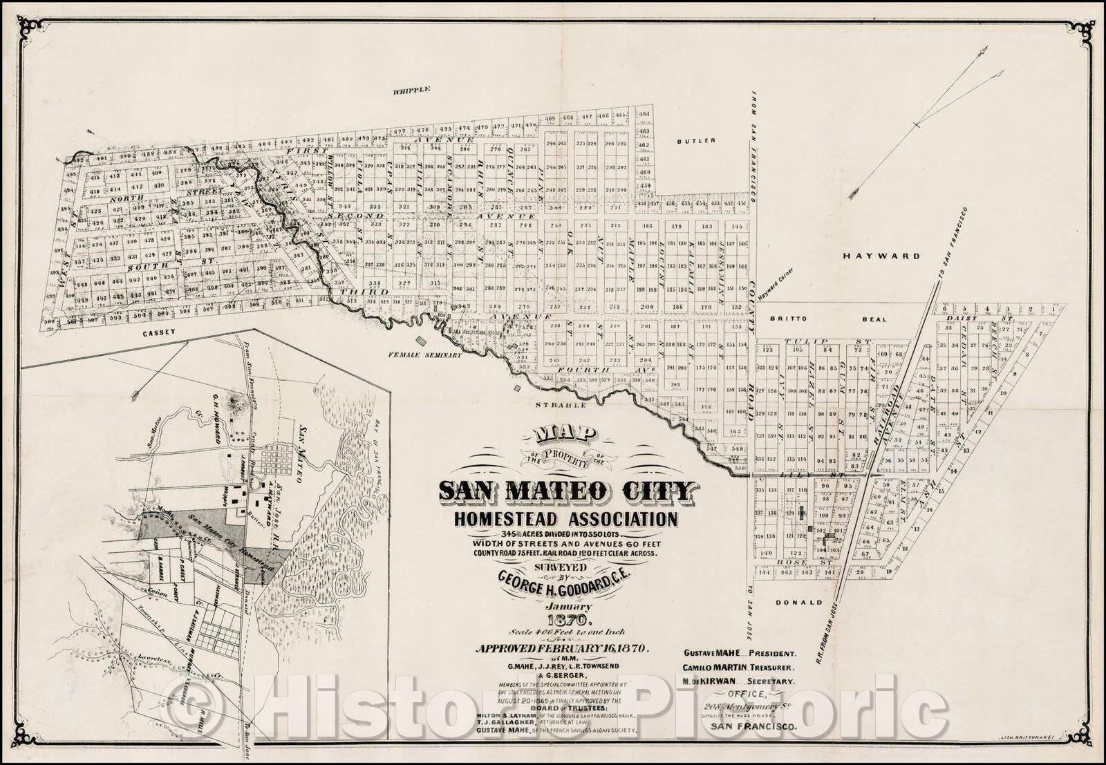 Historic Map - Map of the Property of the San Mateo City Homestead Association, 1870, Charles Goddard - Vintage Wall Art