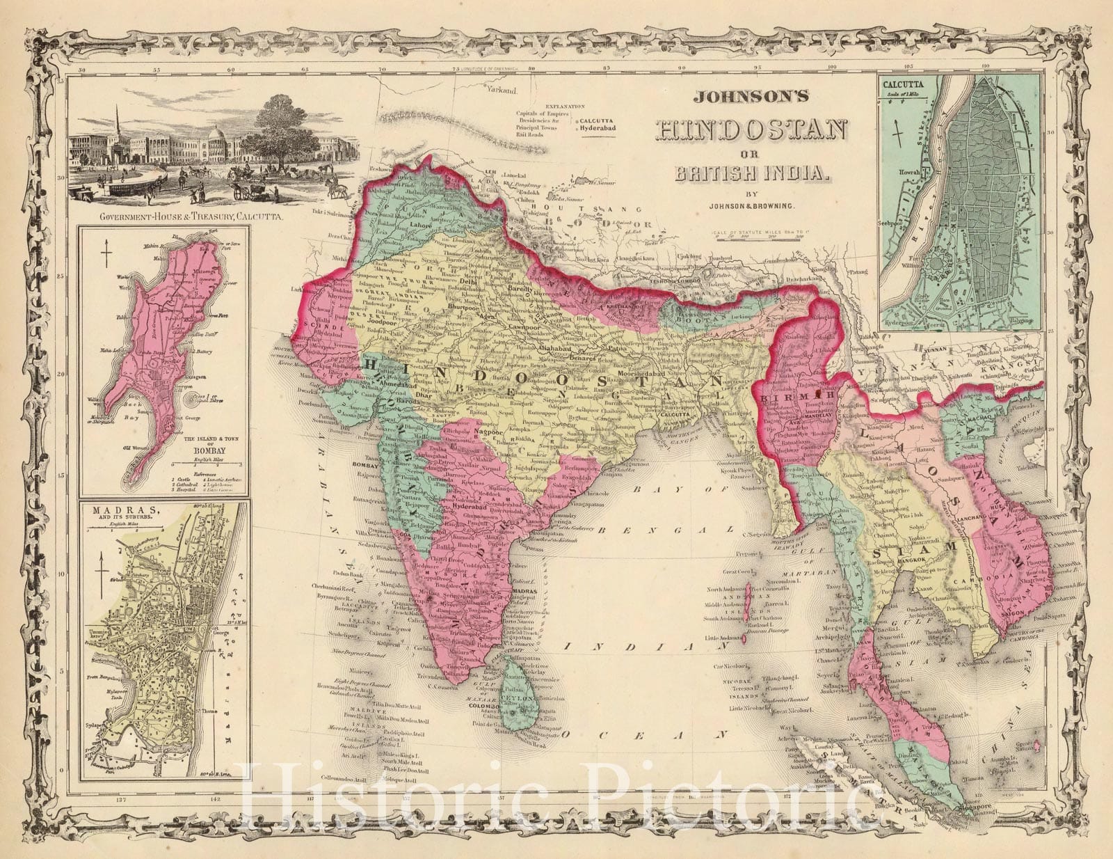 Historic Map - Johnson's Hindostan or British India, 1860, Alvin Jewett Johnson - Vintage Wall Art