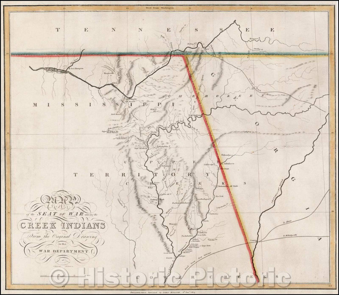 Historic Map - Map of the Seat of War among the Creek Indians From the Original Drawing in the War Department, 1814, John Melish - Vintage Wall Art