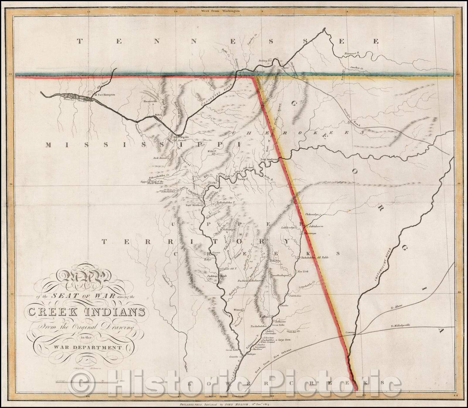 Historic Map - Map of the Seat of War among the Creek Indians From the Original Drawing in the War Department, 1814, John Melish - Vintage Wall Art