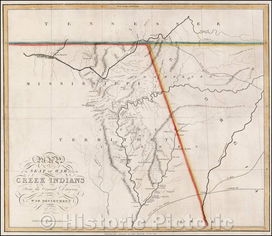 Historic Map - Map of the Seat of War among the Creek Indians From the Original Drawing in the War Department, 1814, John Melish - Vintage Wall Art