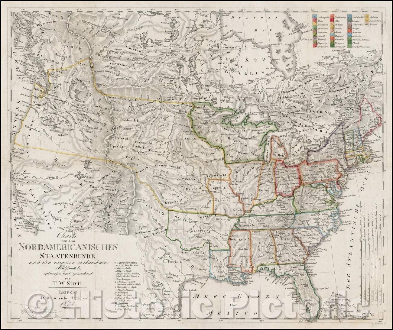 Historic Map - Charte von dem Nordamericanischen Staatenbunde nach den neuesten vorhandenen Hulfsmittleln entworfen, 1822, F.W. Streit - Vintage Wall Art