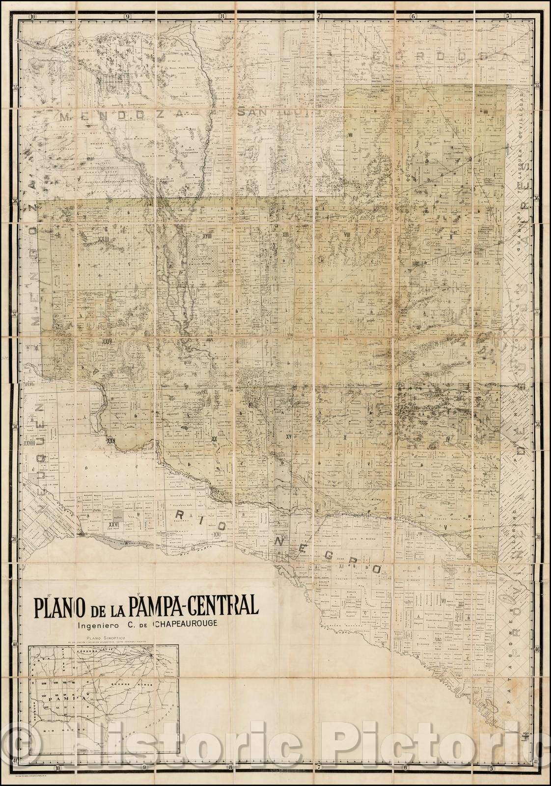 Historic Map - Plano De La Pampa-Central Ingeniero C. Chapeaurouge/Map of Pampa-Central, 1911, Carlos de Chapeaurouge - Vintage Wall Art