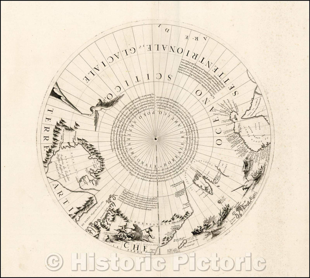 Historic Map - Polo Settentrionale, o Boreale, et Artico/north polar section of Coronelli's globe gores, first published in 1690, 1690 - Vintage Wall Art