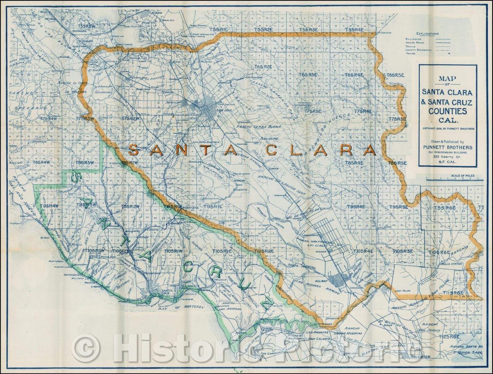 Historic Map - Map of Santa Clara & Santa Cruz Counties, 1908, Punnett Brothers - Vintage Wall Art