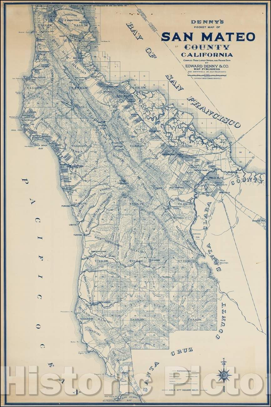 Historic Map - Denny's Pocket Map of San Mateo County California, 1913, Edward Denny & Co. - Vintage Wall Art