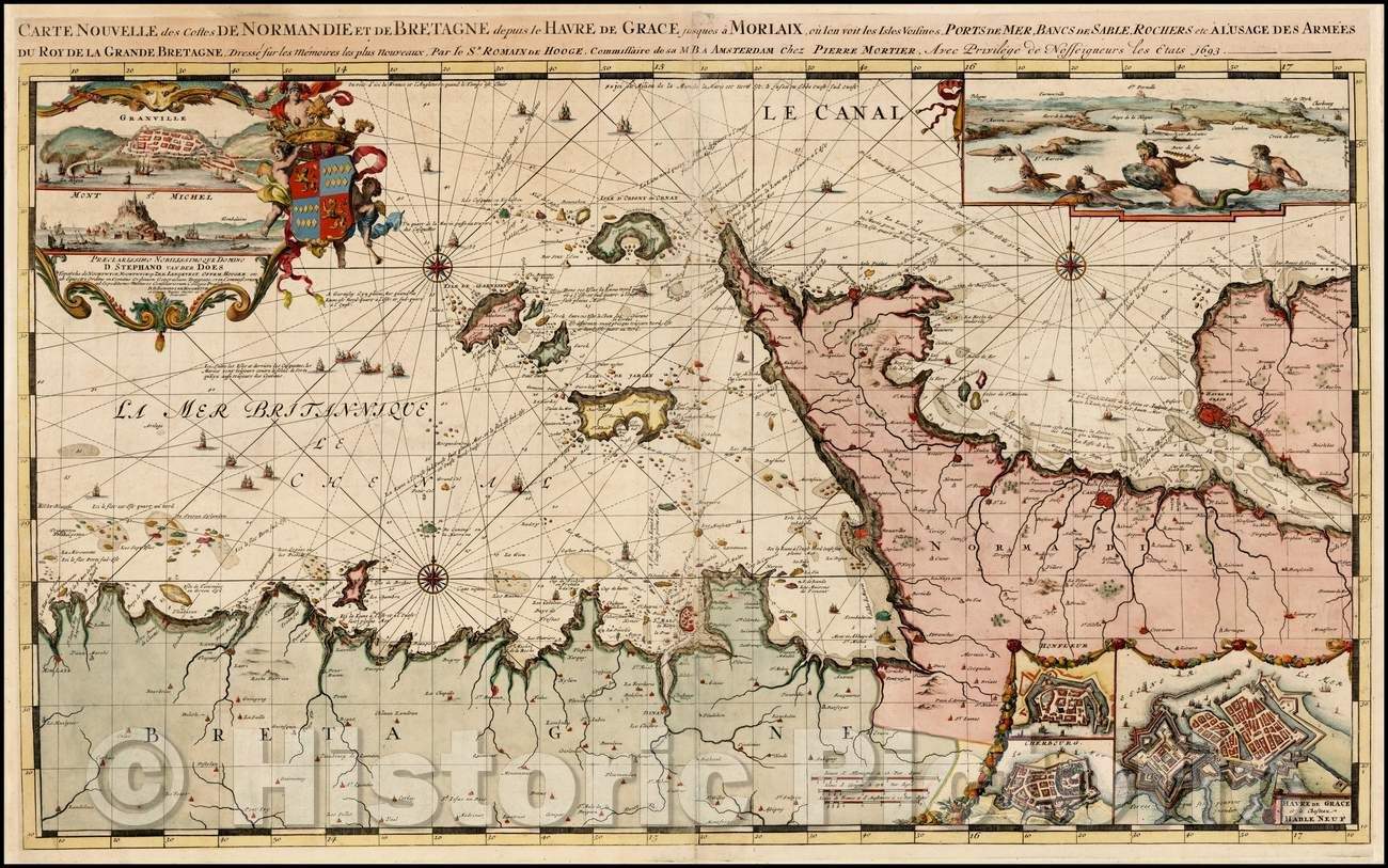Historic Map - Nouvelle des Costes De Normandie Et De Bretagne despuis le Havre De :: Costes Normandy And Brittany Citerna Havre De Grace has till Mor, 1693 - Vintage Wall Art