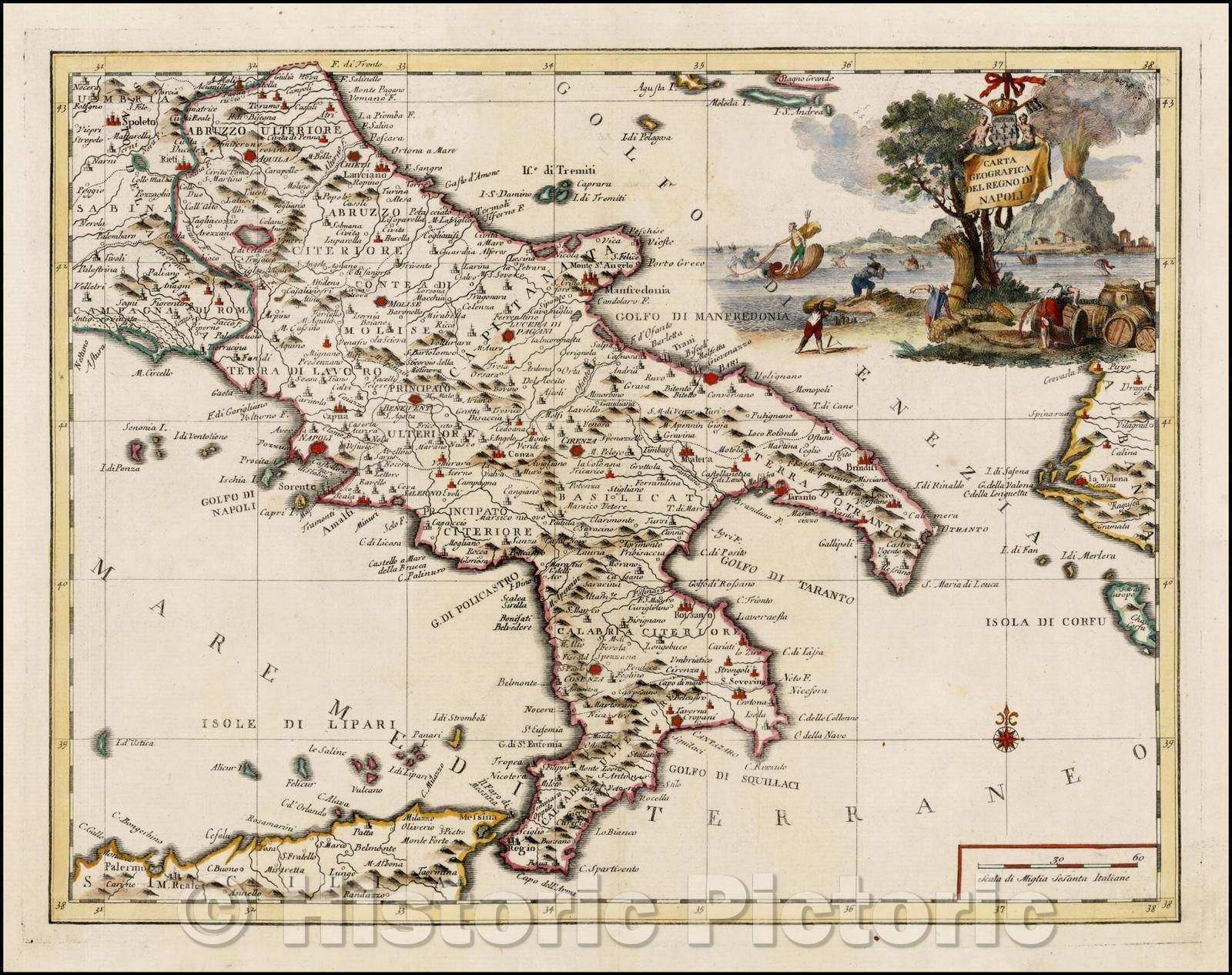 Historic Map - Carta Geografica Del Regno Di Napoli/Map the the Kingdom of Napoli based upon De L'Isle's Map, 1740, Giambattista Albrizzi - Vintage Wall Art