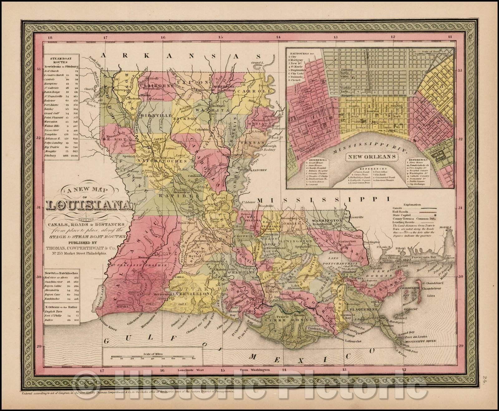 Historic Map - Louisiana with its Canals, Roads, Distances from Place to Place, along the Stage & Steam Boat Routes, 1850, Thomas, Cowperthwait & Co. - Vintage Wall Art