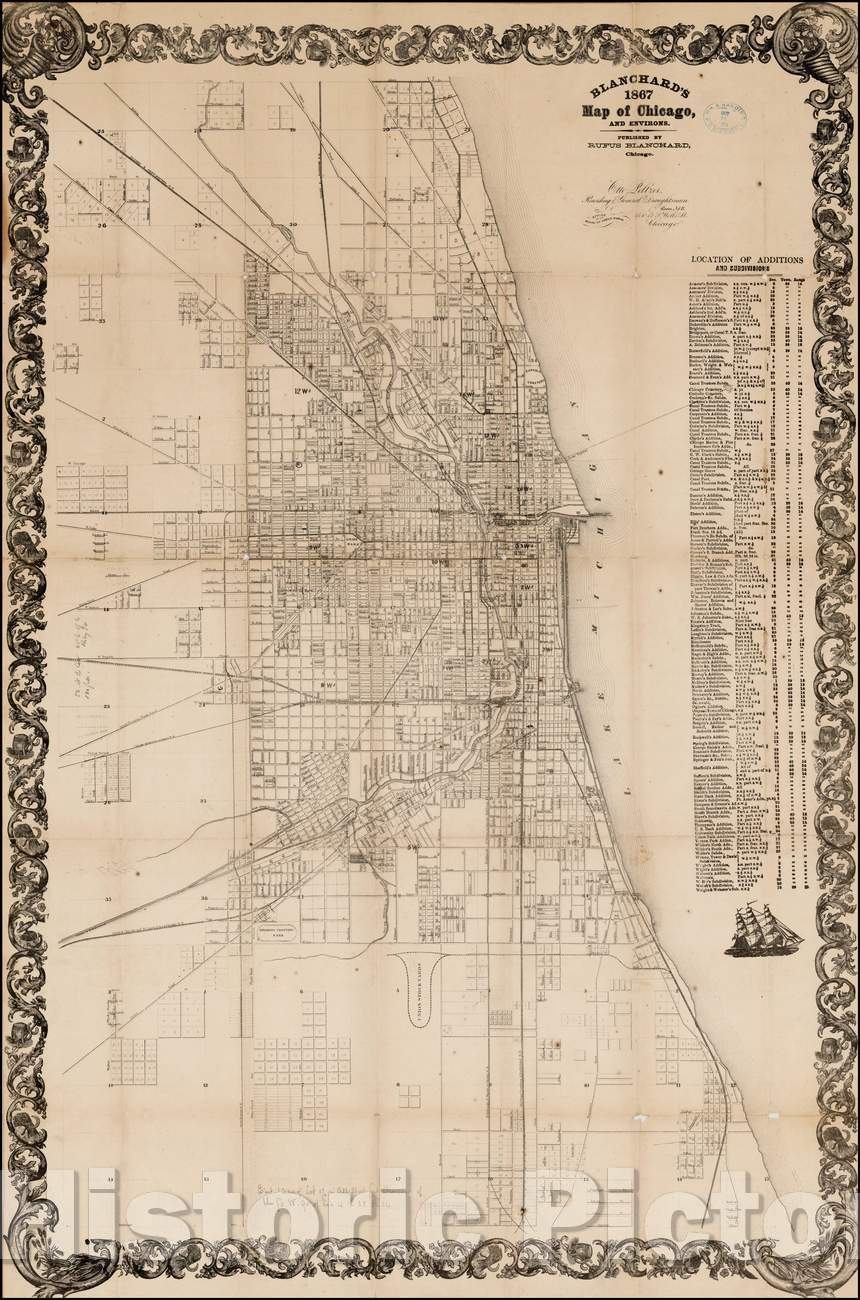 Historic Map - Blanchard's Map of Chicago and Environs, 1867, Rufus Blanchard - Vintage Wall Art
