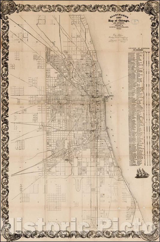 Historic Map - Blanchard's Map of Chicago and Environs, 1867, Rufus Blanchard - Vintage Wall Art