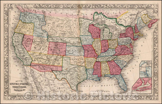 Historic Map - Map of the United States And Territories, Together with Canada, 1862, Samuel Augustus Mitchell Jr. - Vintage Wall Art