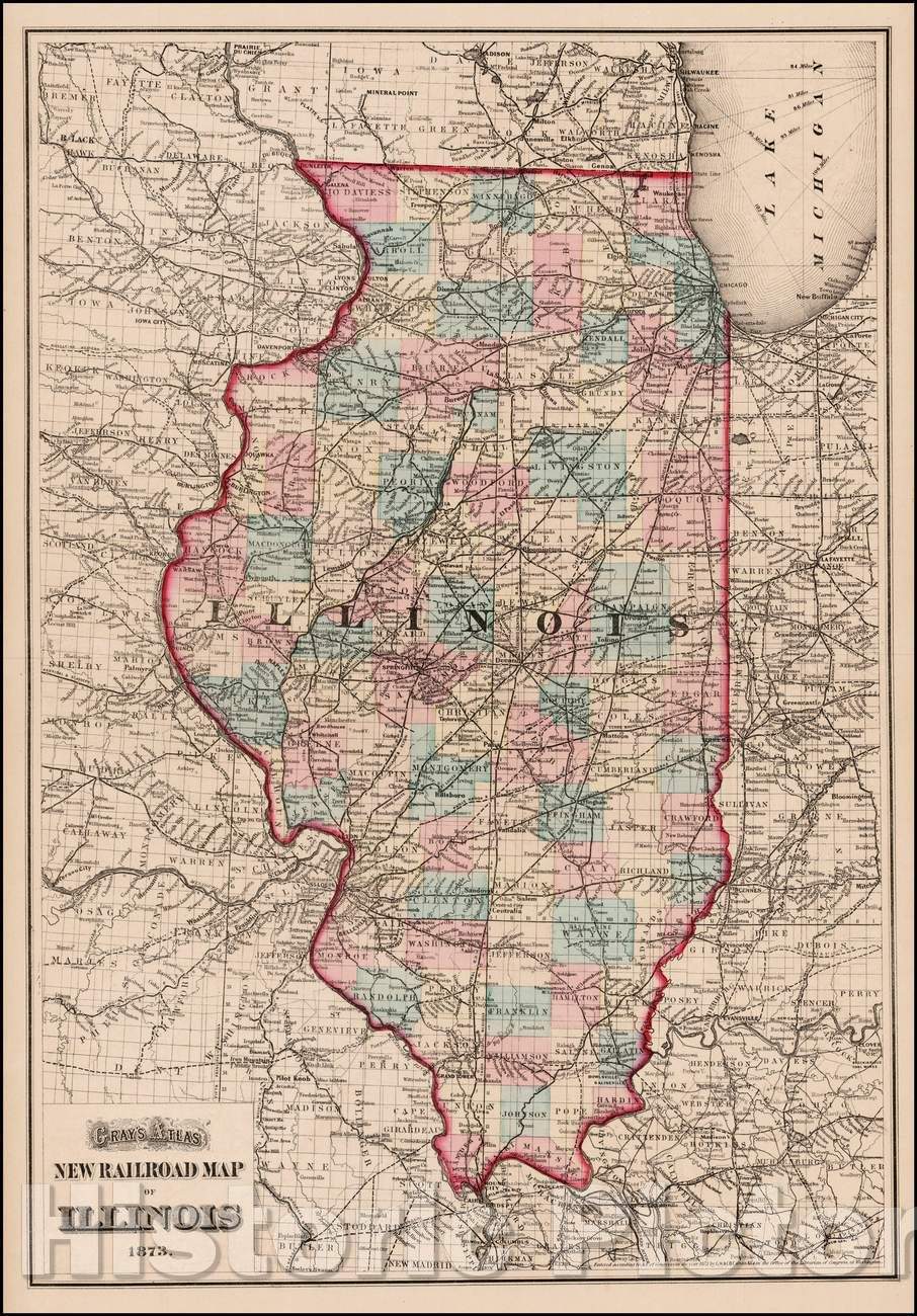Historic Map - Gray's Atlas New Railroad Map of Illinois, 1873, O.W. Gray - Vintage Wall Art