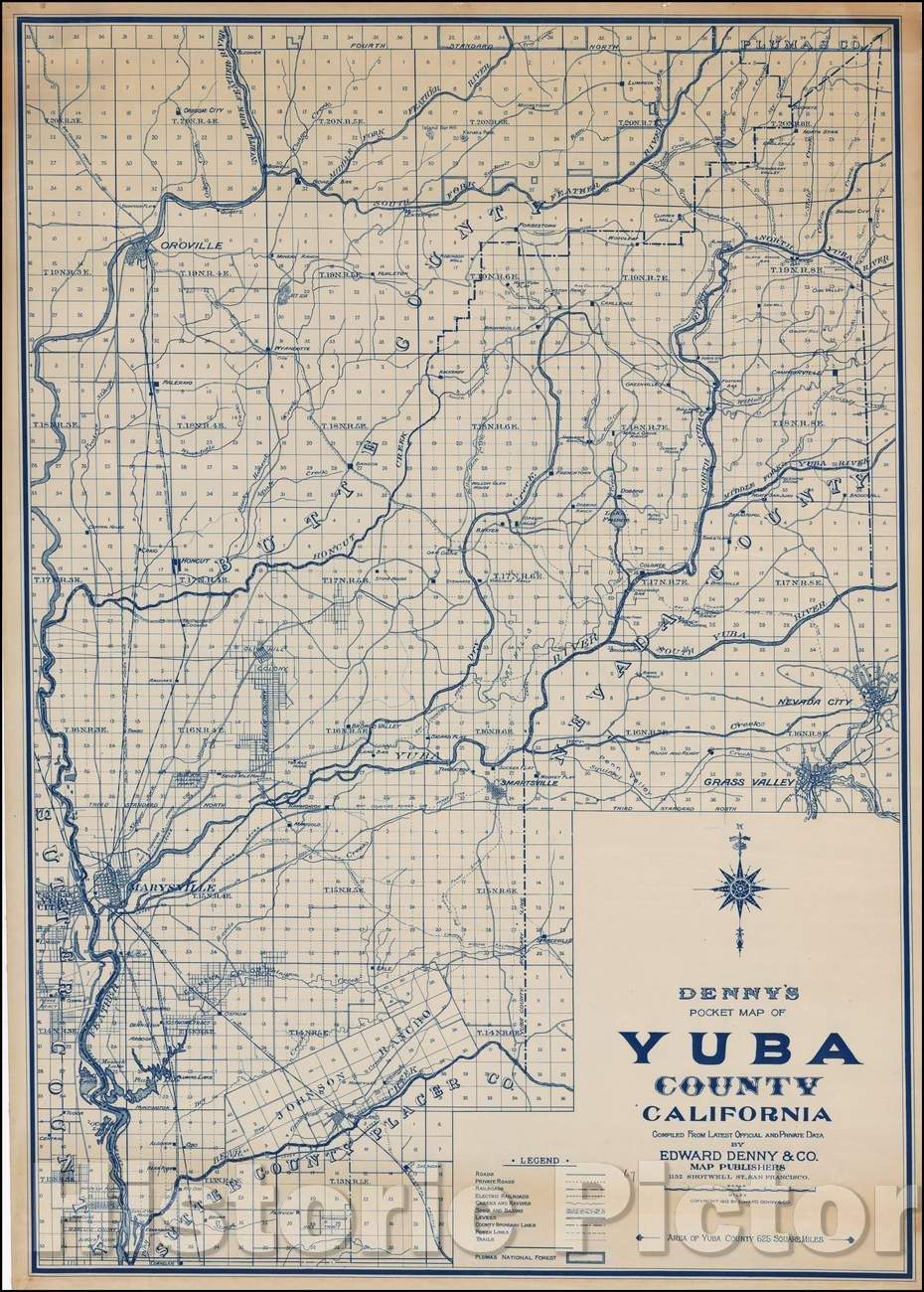 Historic Map - Denny's Pocket Map of Yuba County, California, 1913, Edward Denny & Co. - Vintage Wall Art