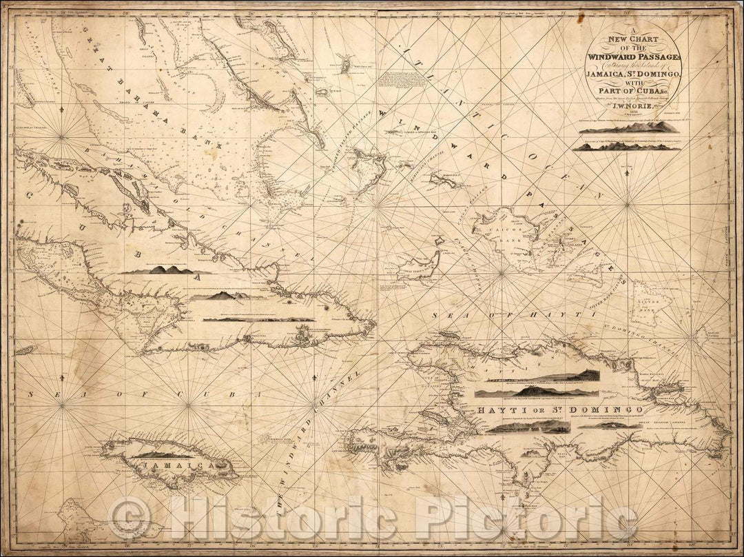 Historic Map - A New Chart of the Windward Passages Containing the Islands of Jamaica, St. Domingo, with Part of Cuab &c, 1836, John William Norie - Vintage Wall Art