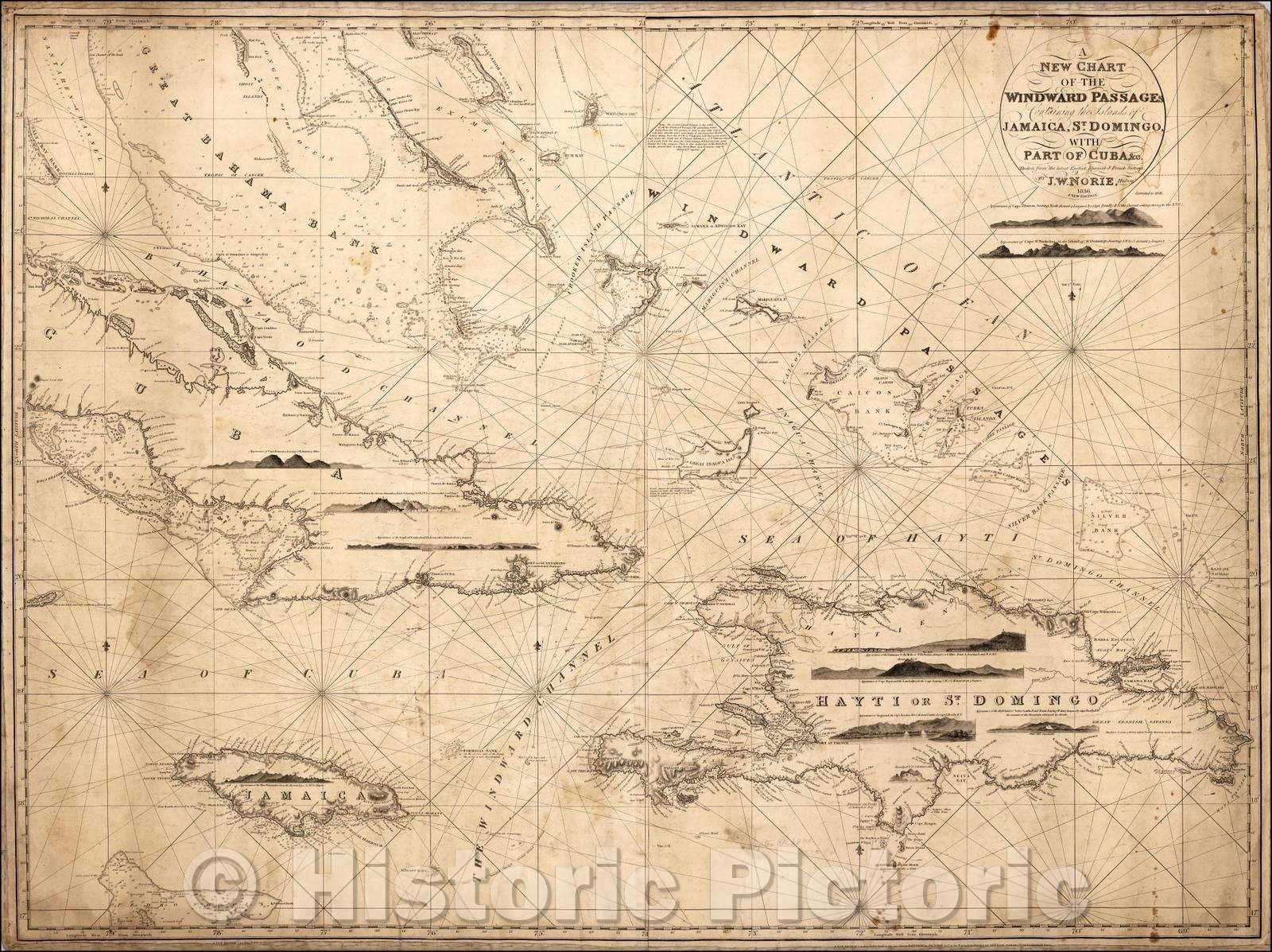 Historic Map - A New Chart of the Windward Passages Containing the Islands of Jamaica, St. Domingo, with Part of Cuab &c, 1836, John William Norie - Vintage Wall Art