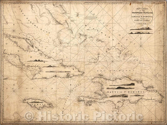 Historic Map - A New Chart of the Windward Passages Containing the Islands of Jamaica, St. Domingo, with Part of Cuab &c, 1836, John William Norie - Vintage Wall Art