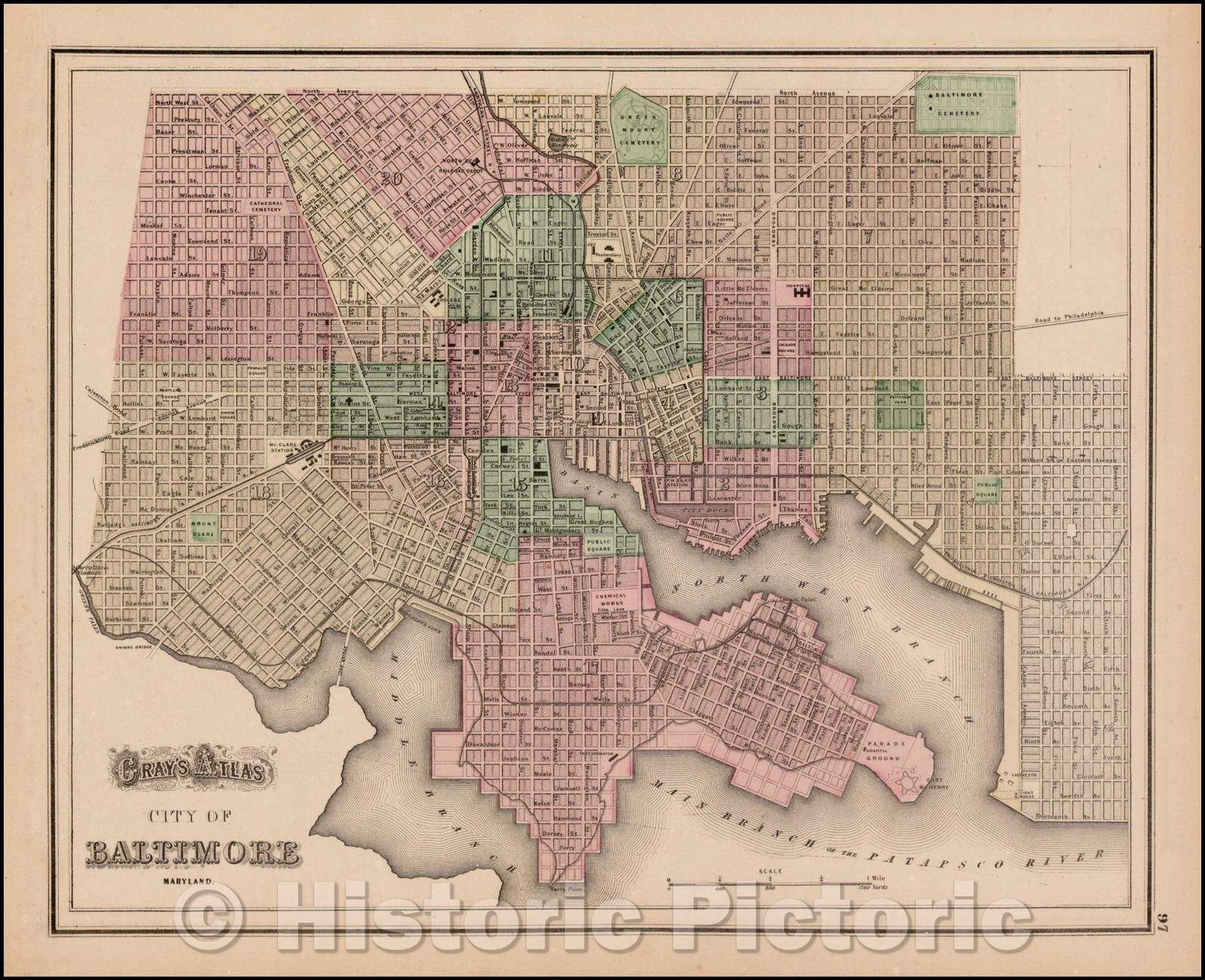 Historic Map - Gray's Atlas City of Baltimore, 1873, O.W. Gray - Vintage Wall Art
