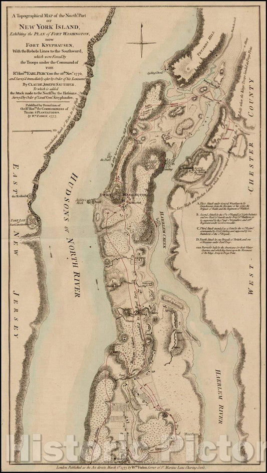 Historic Map - A Topographical of the Northn. Part of New York Island, Exhibiting the Plan of Fort Washington, Now Fort Knyphausen, with the Rebel Lines, 1777 - Vintage Wall Art