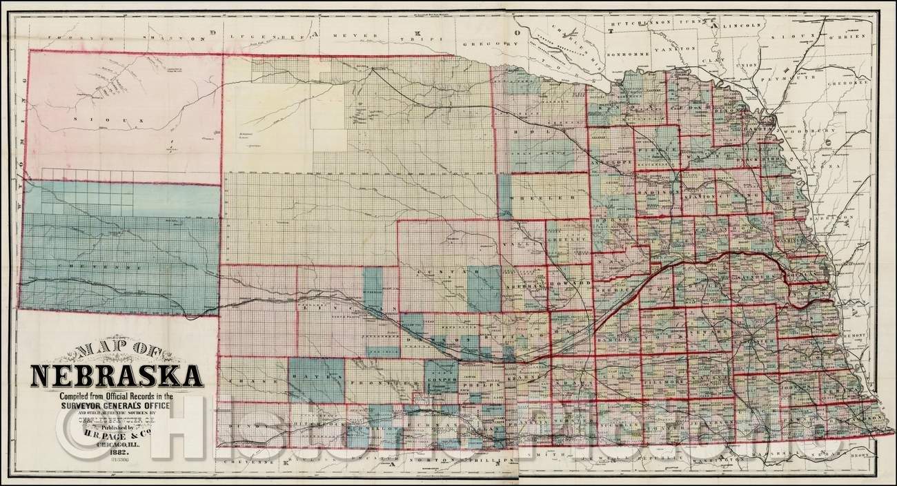 Historic Map - Map of Nebraska, 1882, H.R. Page - Vintage Wall Art