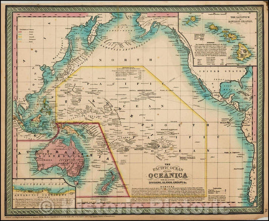 Historic Map - The Pacific Ocean Including Oceanica with its several Divisions, Groups, 1850, Thomas Cowperthwait & Co. - Vintage Wall Art