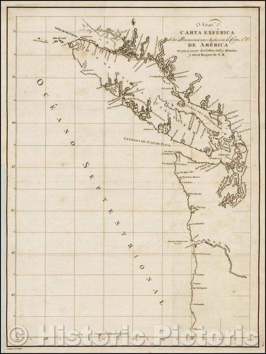 Historic Map - Numero 2o. Carta Esferica De Los Reconociemientos Hechos In Las Cost No. De America/Chart of the Vancouver Island, 1802, Jose Espinosa y Tello - Vintage Wall Art