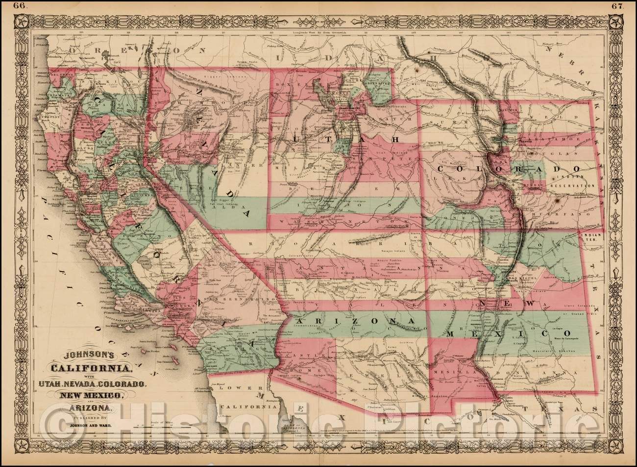Historic Map - Johnson's California, with Territories of Utah, Nevada, Colorado, New Mexico and Arizona, 1864, Benjamin Ward v2
