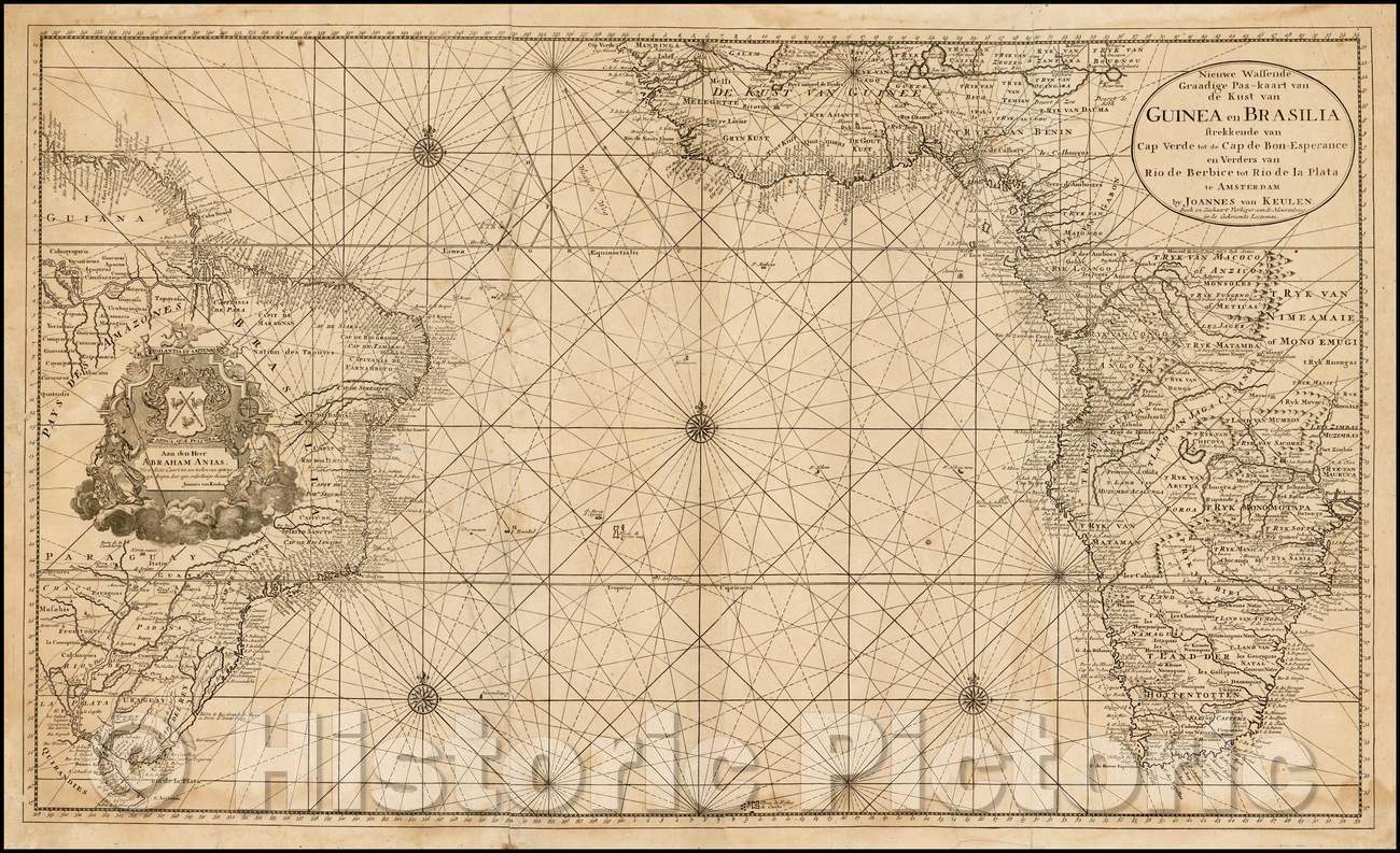Historic Map - Nieuwe Wassende Graadige Pas-kaart van de Kust van Guinea en Brasilia stre, 1720 - Vintage Wall Art