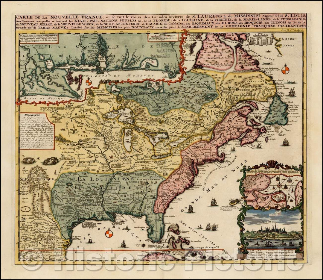 Historic Map - Carte De La Nouvelle France, ou se voit le cours des Grandes Rivieres de. S. Laurens & de Mississipi, 1719, Henri Chatelain v3