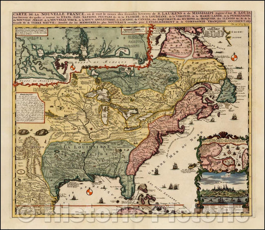 Historic Map - Carte De La Nouvelle France, ou se voit le cours des Grandes Rivieres de. S. Laurens & de Mississipi, 1719, Henri Chatelain v3