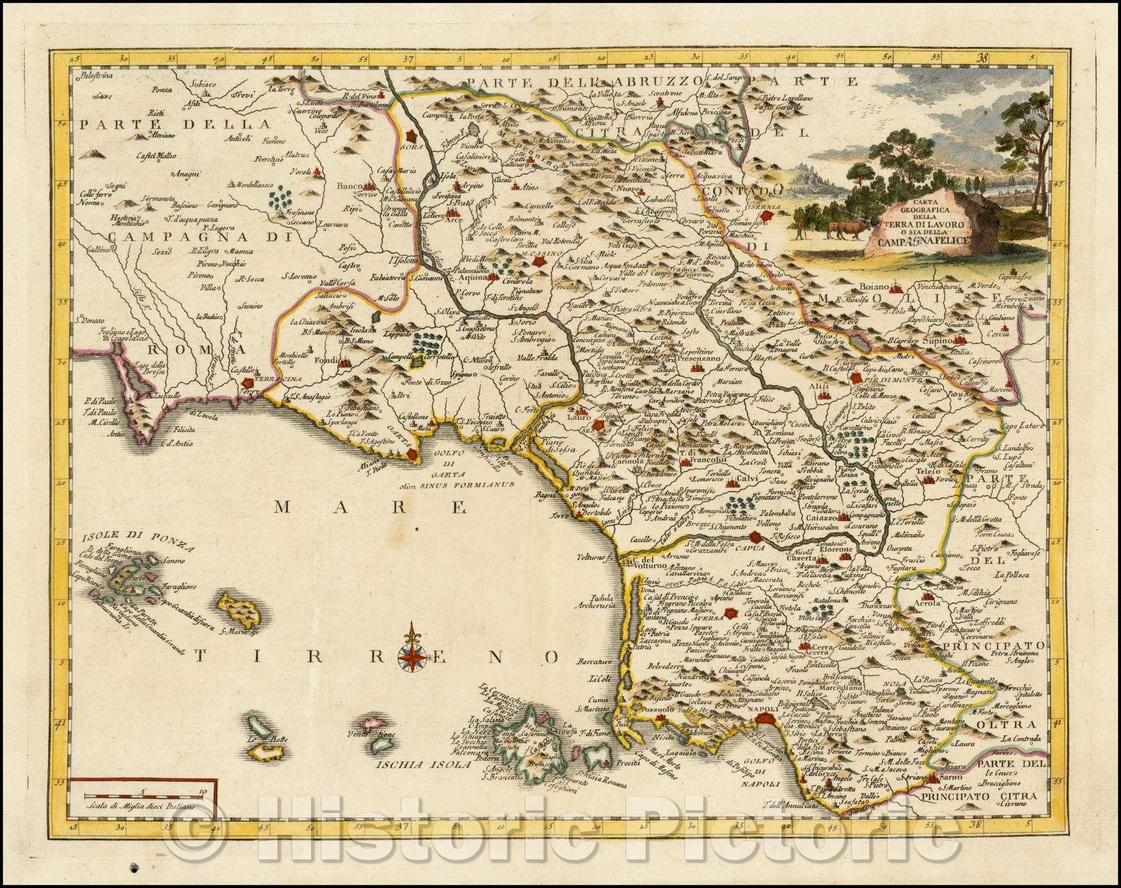 Historic Map - Carta Geografica Della Terra Di Lavor o Sia Della Campagna Felice/Map the of Capgana Felice, based upon De L'Isle's Map, 1740 - Vintage Wall Art