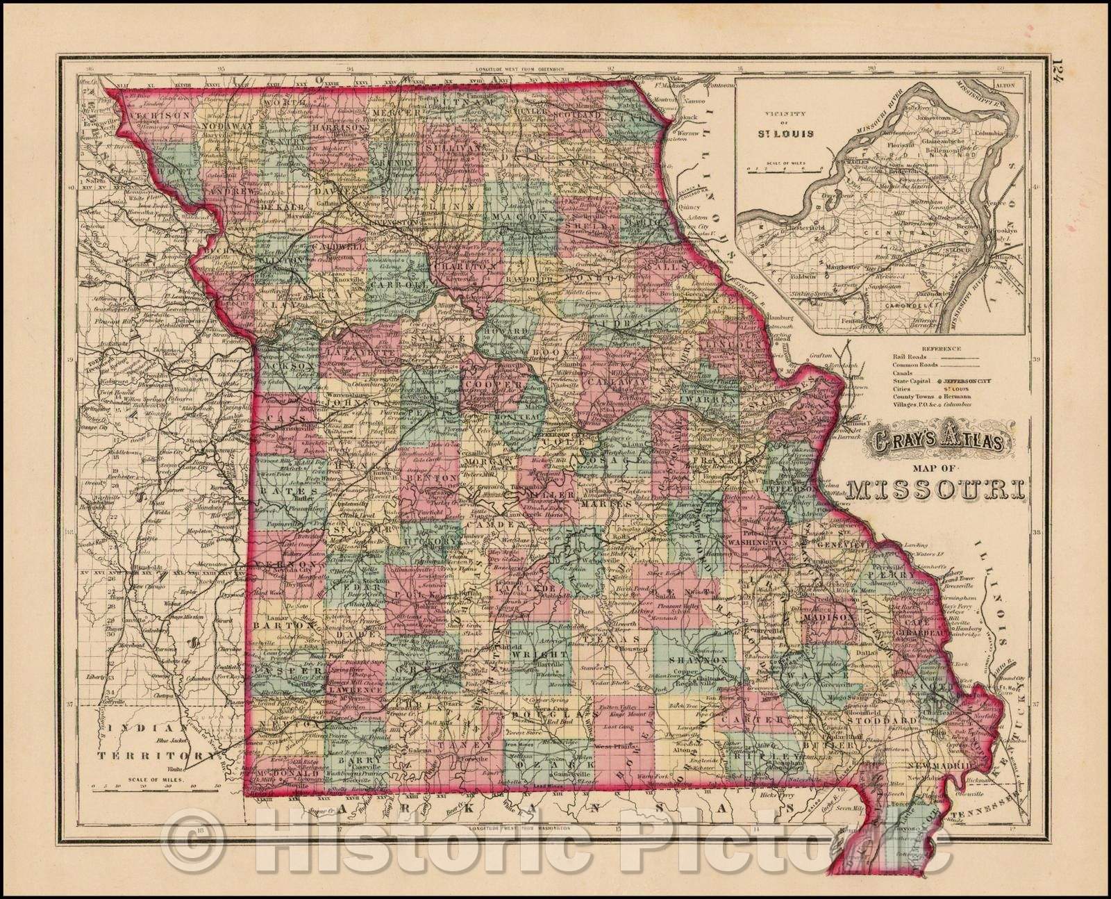 Historic Map - Gray's Atlas Map of Missouri, 1874, O.W. Gray - Vintage Wall Art