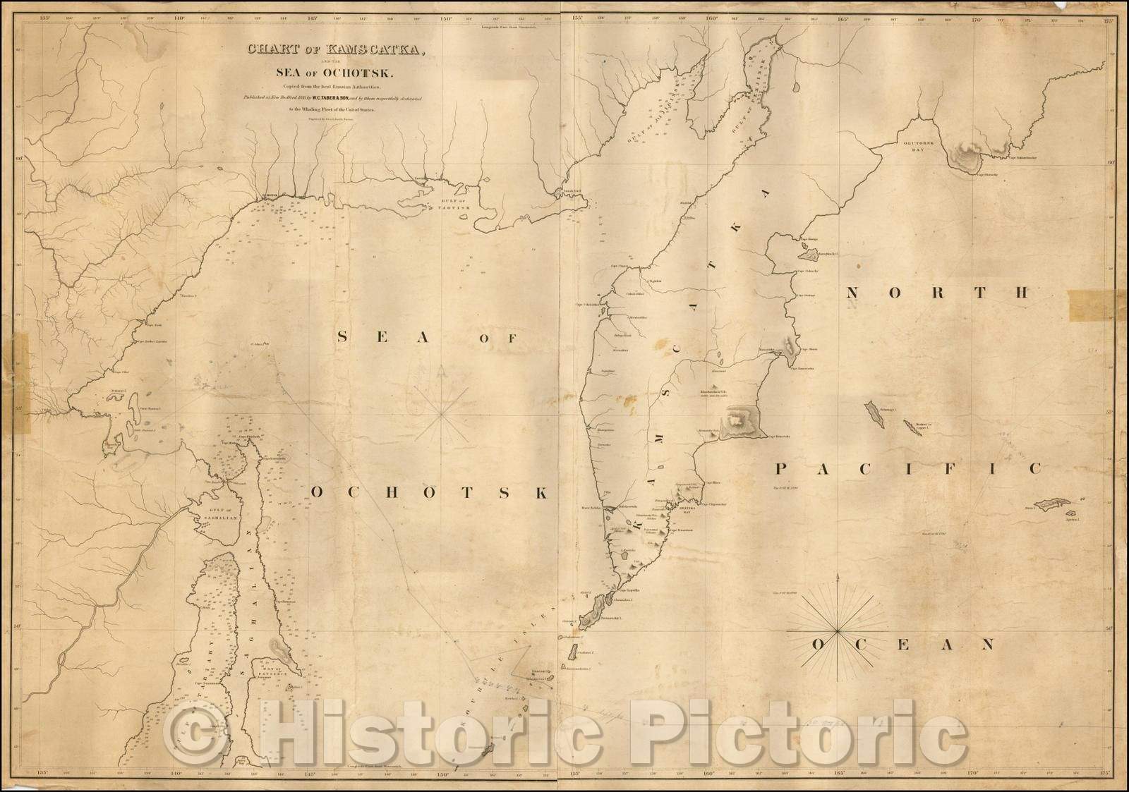 Historic Map - Chart of Kamscatka, and the Sea of Ochotsk. Copied from the best Russian Authorities, 1845, W.C. Taber & Son - Vintage Wall Art