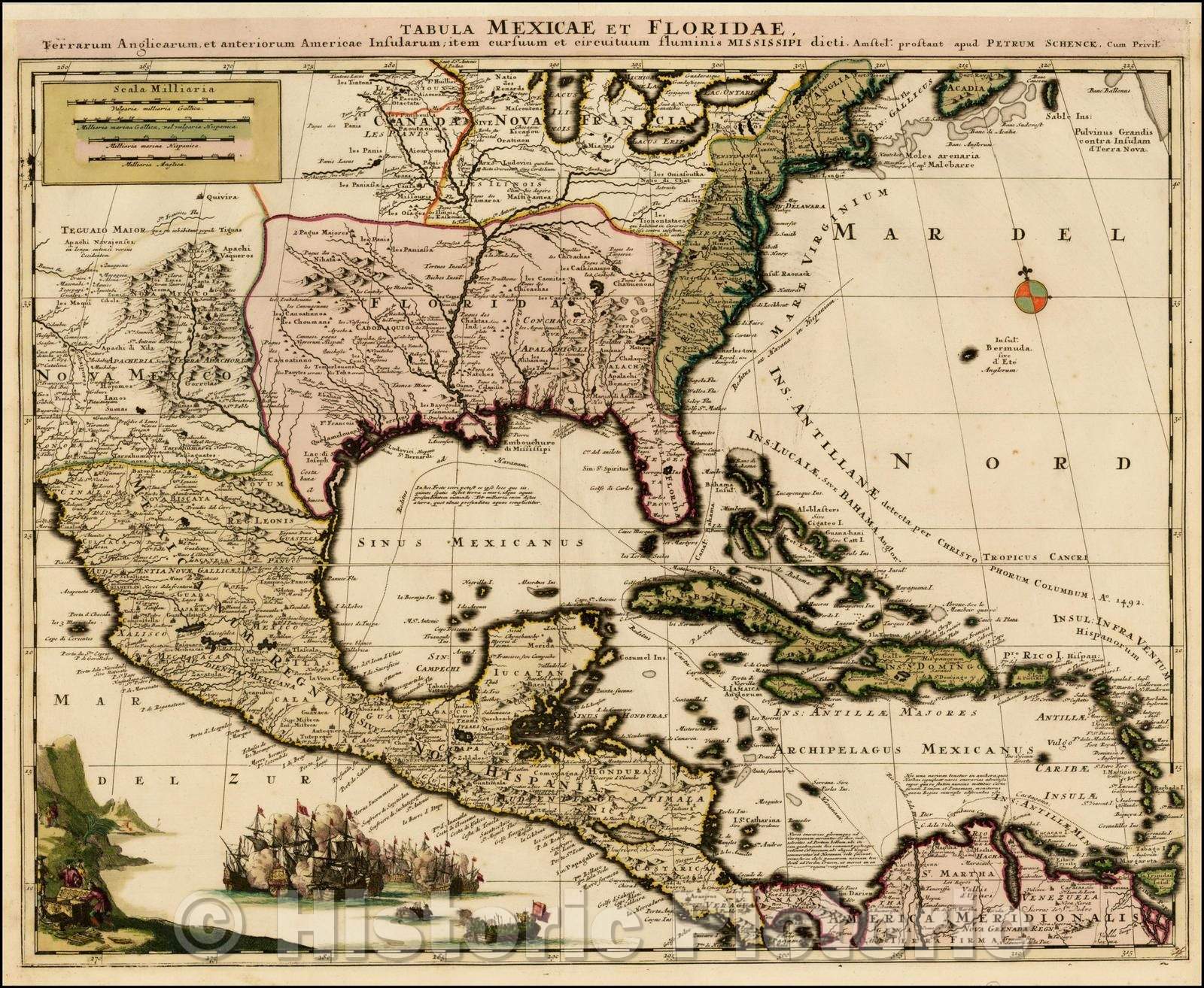 Historic Map - Tabula Mexicae et Floridae, Terrarum Anglicarum, et Anteriorum Americae Insularum; Item Cursuum et Circuituum Fluminis Mississipi, 1705 v1