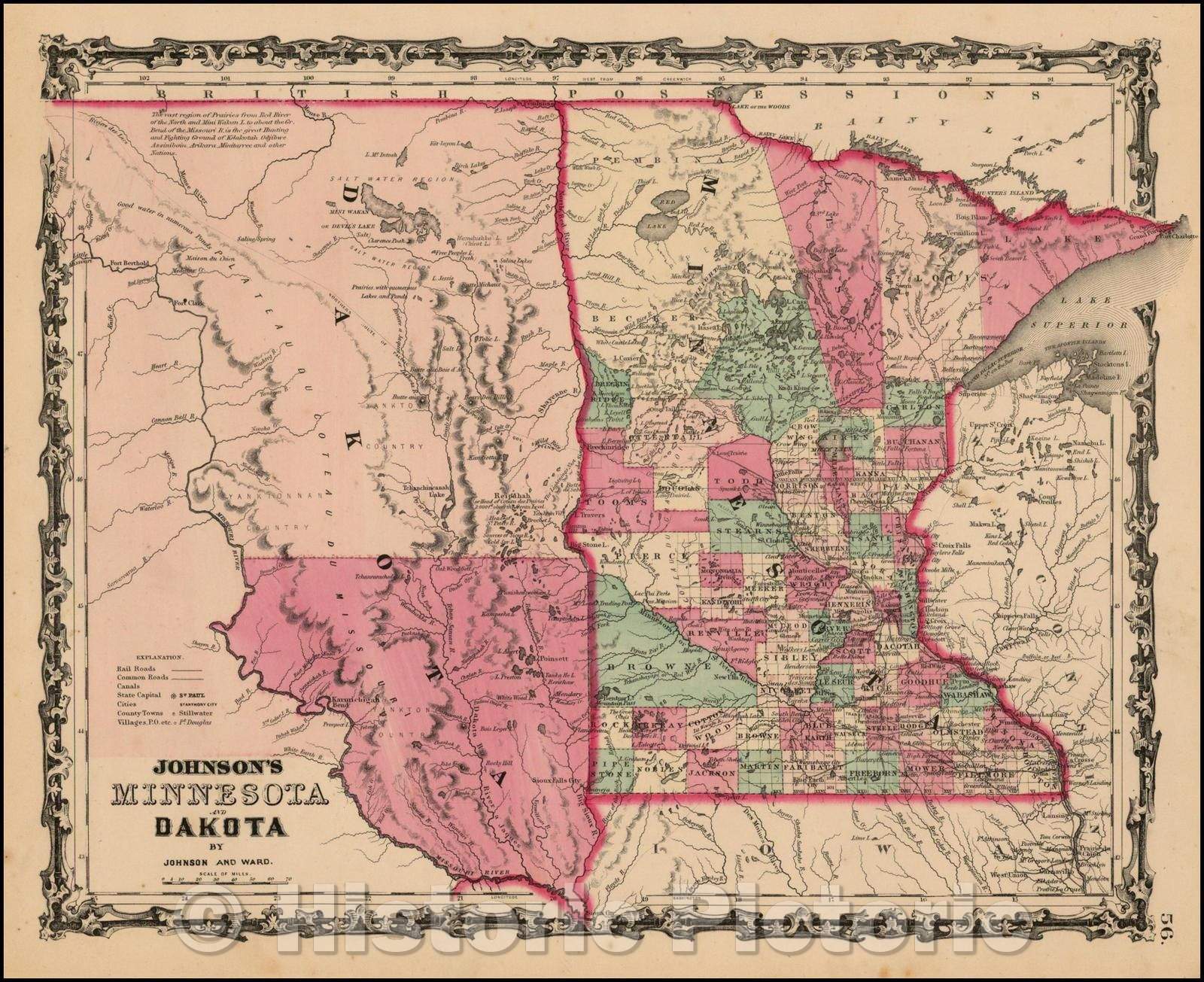 Historic Map - Johnson's Minnesota and Dakota, 1862, Benjamin Ward v2