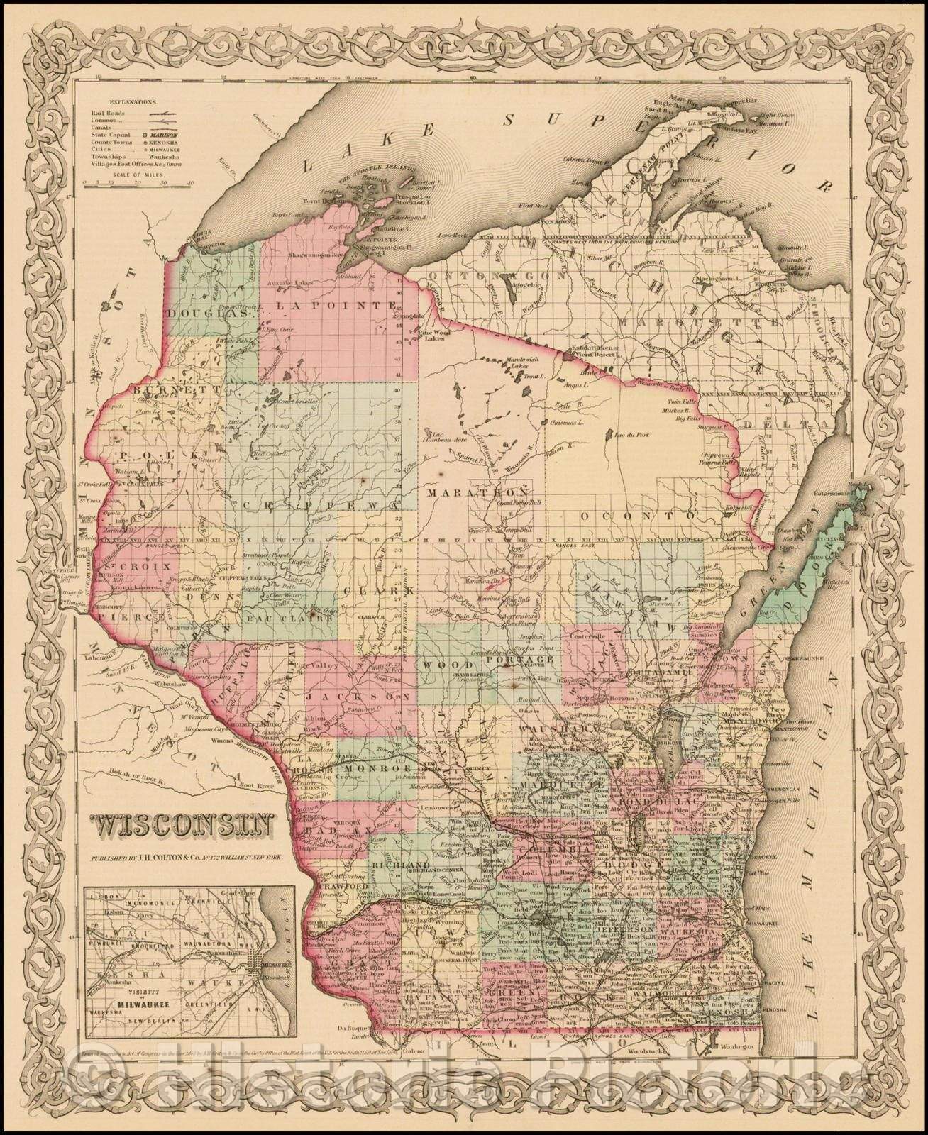 Historic Map - Wisconsin, 1855, Joseph Hutchins Colton v2