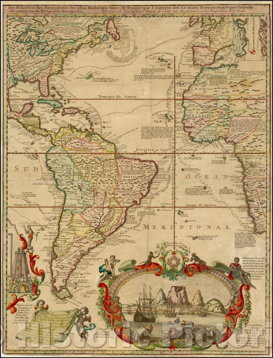 Historic Map - Niewe Kaart van de Zuyd zee / 2 sheet Map of America and the Atlantic Ocean, 1730, Hendrick De Leth - Vintage Wall Art