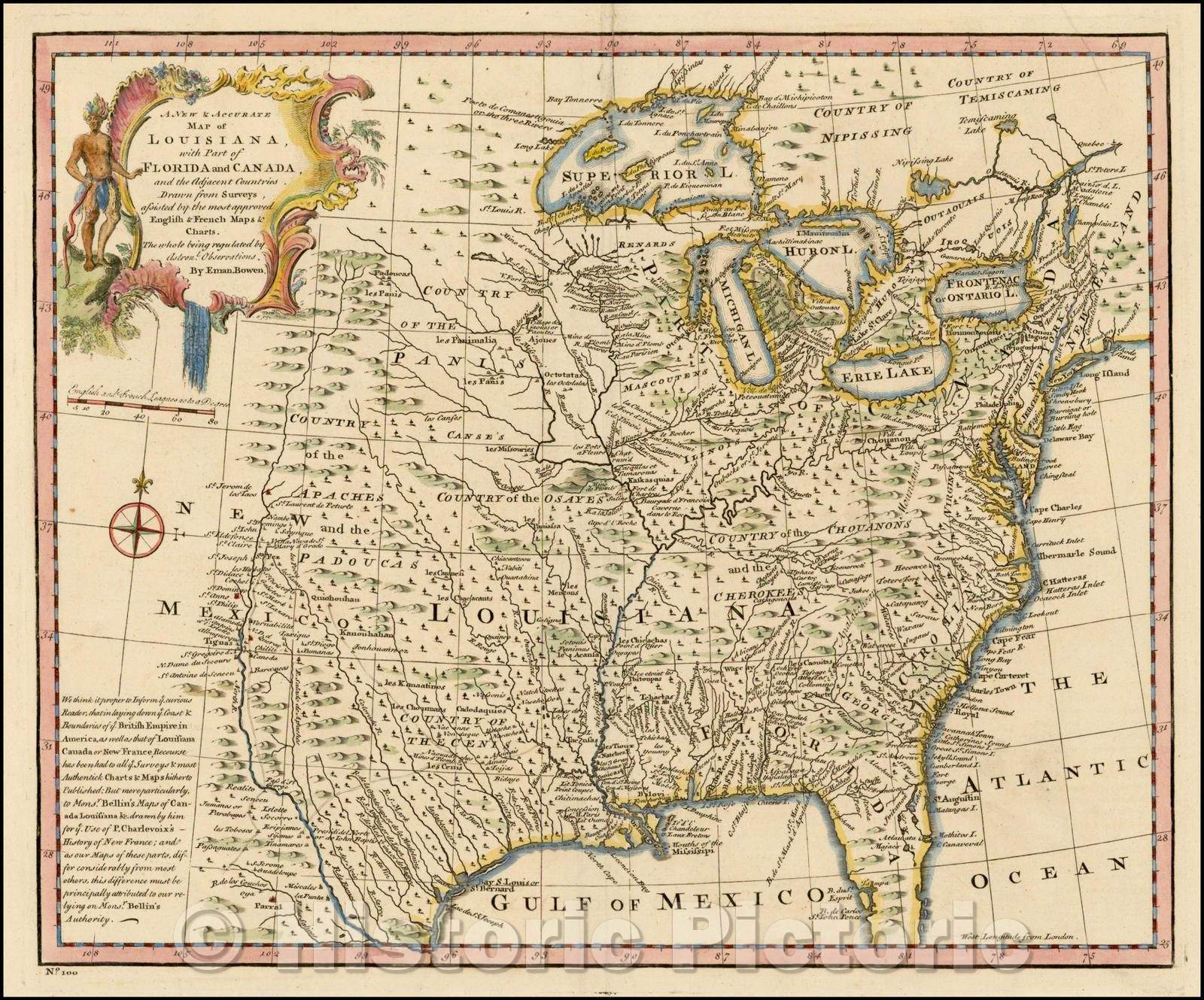 Historic Map - A New & Accurate Map of Louisiana, with Part of Florida and Canada and the Adjacent Countries, 1747, Emanuel Bowen v2